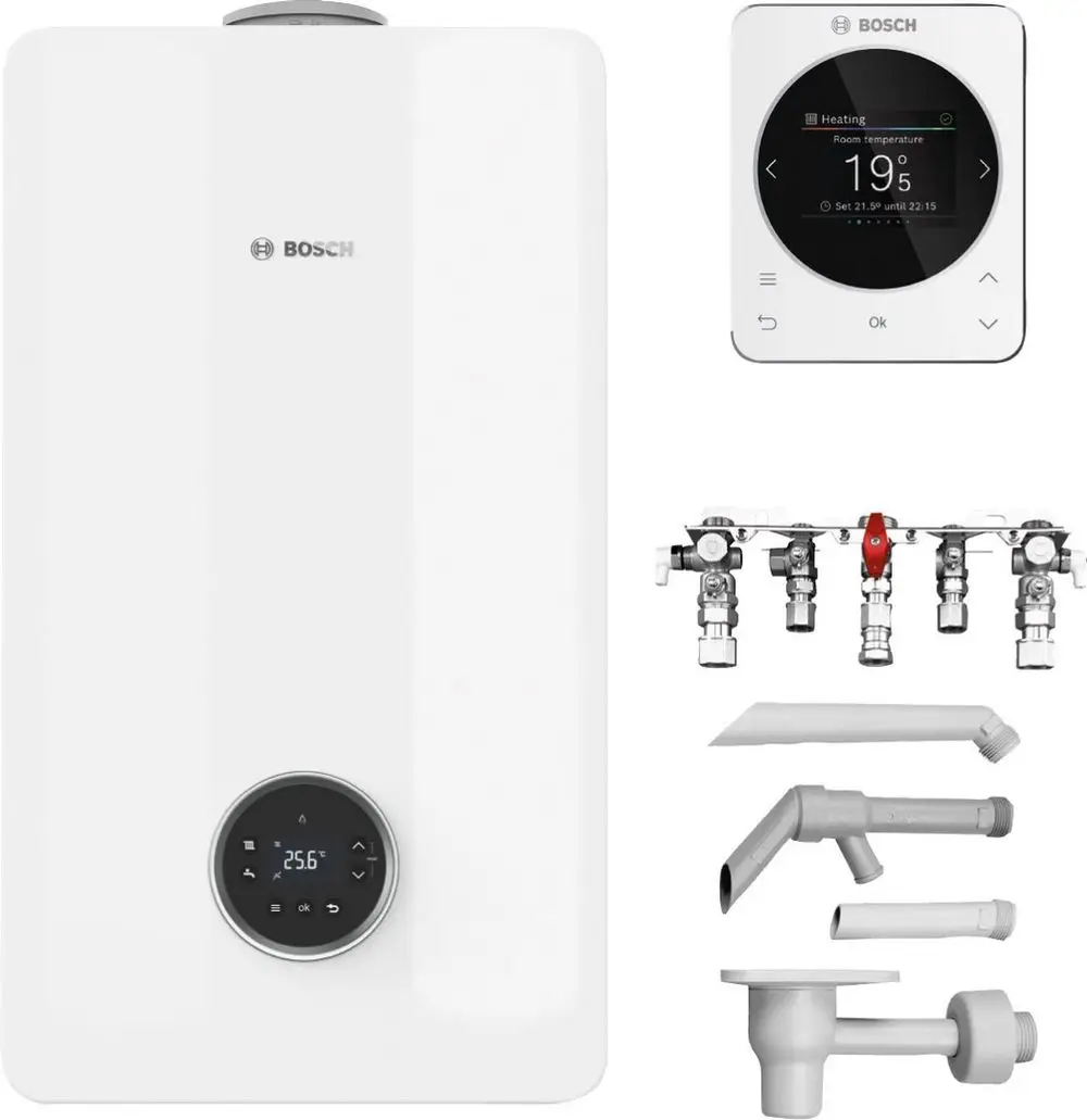 Bosch Heizungsanlage in Weiß, mit klar ablesbarem Display und Bedienfeld. Zubehörteile wie Anschlussstücke und Rohre sind im Bild enthalten.